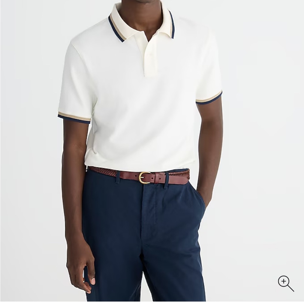 J. Crew Stretch Flex Pique Polo Shirt White With Brown Contrast Trim Size Medium